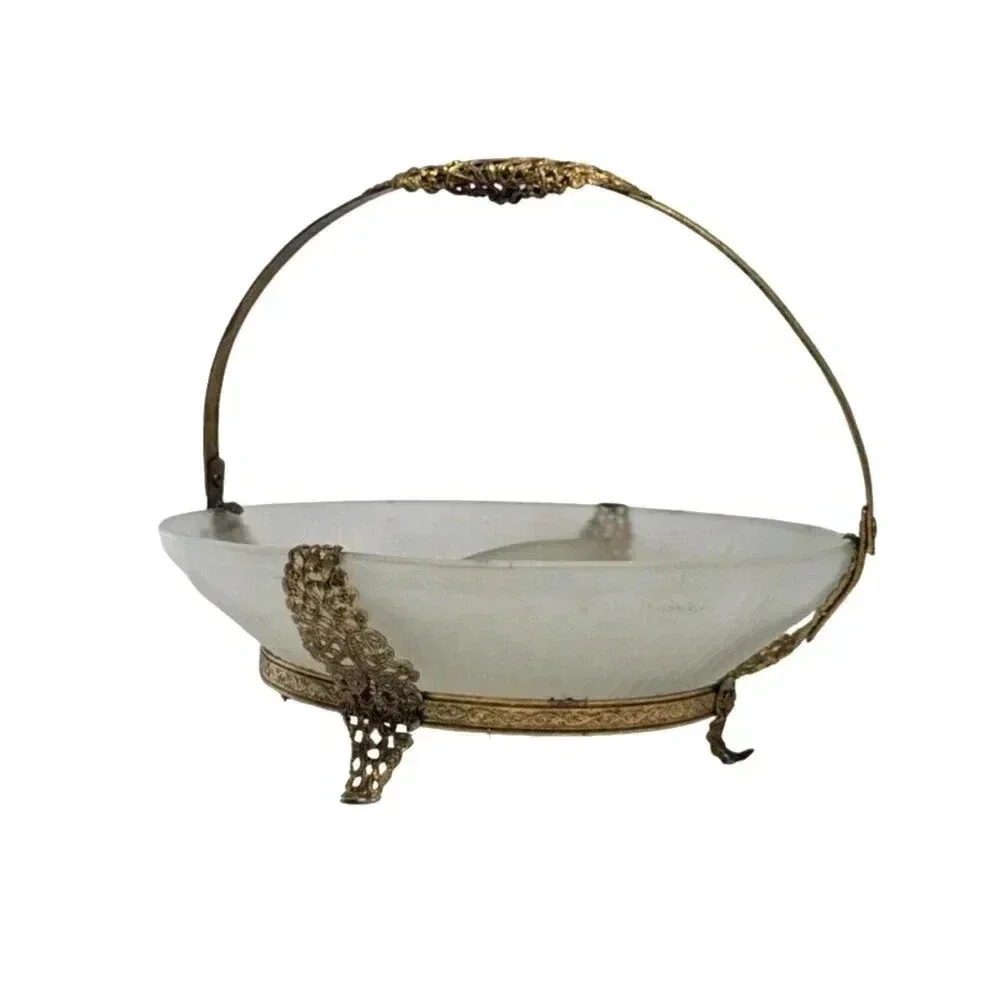 Antique Ornate Brass Filigree Frosted Glass Candy Dish Footed Gold Art Nouveau